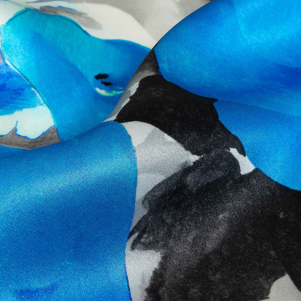 Mood Exclusive Italian Blue, Gray and White Wild Roses Silk Charmeuse Mood Exclusive Italian Blue, Gray and White Wild Roses Silk Charmeuse