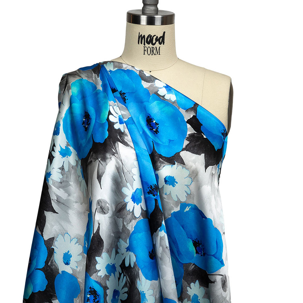 Mood Exclusive Italian Blue, Gray and White Wild Roses Silk Charmeuse Mood Exclusive Italian Blue, Gray and White Wild Roses Silk Charmeuse