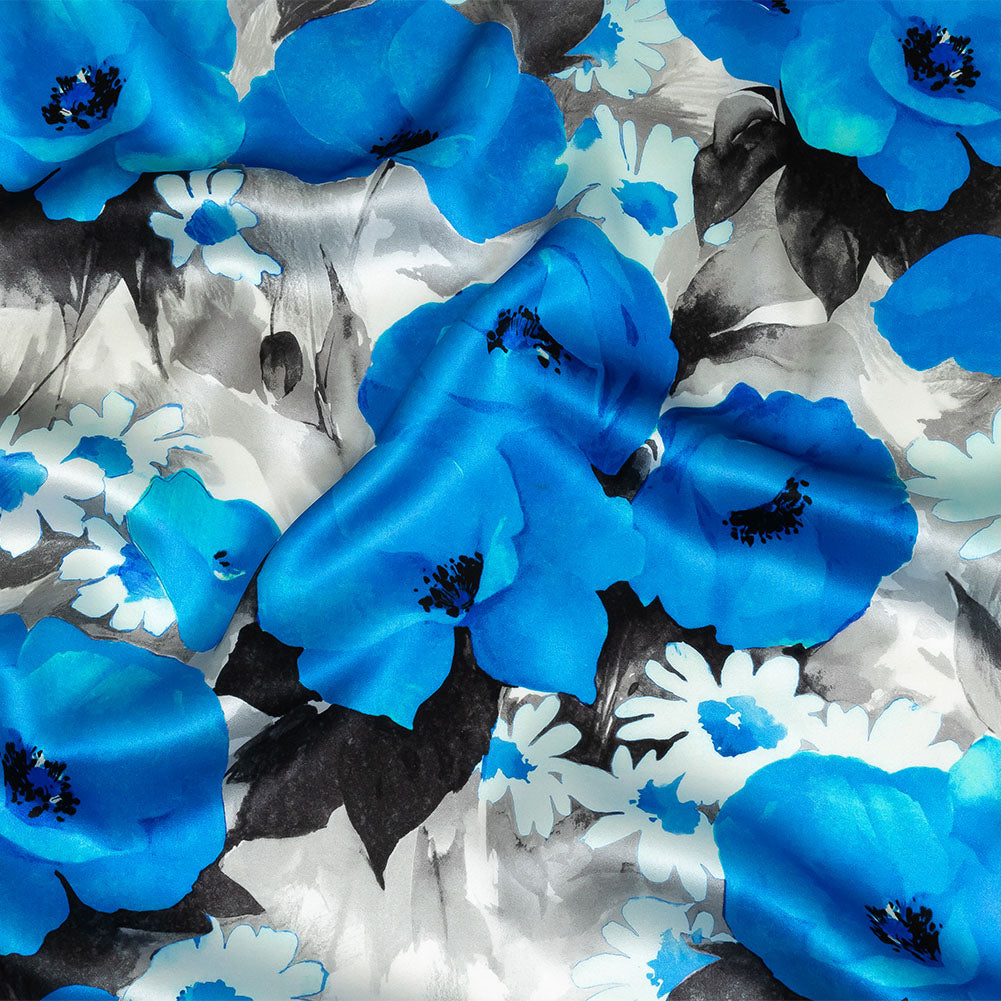 Mood Exclusive Italian Blue, Gray and White Wild Roses Silk Charmeuse Mood Exclusive Italian Blue, Gray and White Wild Roses Silk Charmeuse