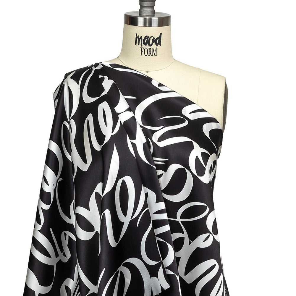 Mood Exclusive Italian Black Bean and White Calligraphic Squiggles Silk Charmeuse Mood Exclusive Italian Black Bean and White Calligraphic Squiggles Silk Charmeuse