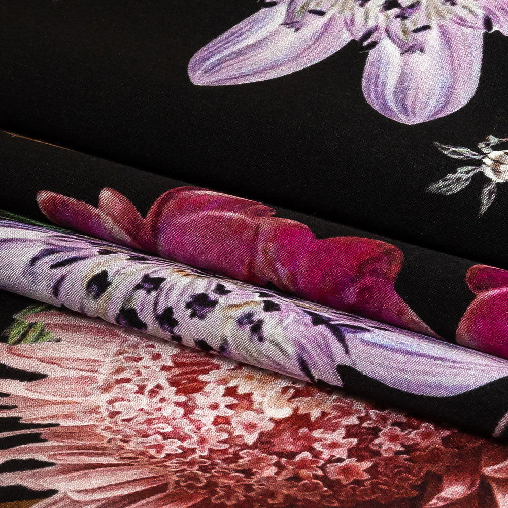 Mood Exclusive Italian Black, Pink and Green Floral Silk Charmeuse Mood Exclusive Italian Black, Pink and Green Floral Silk Charmeuse
