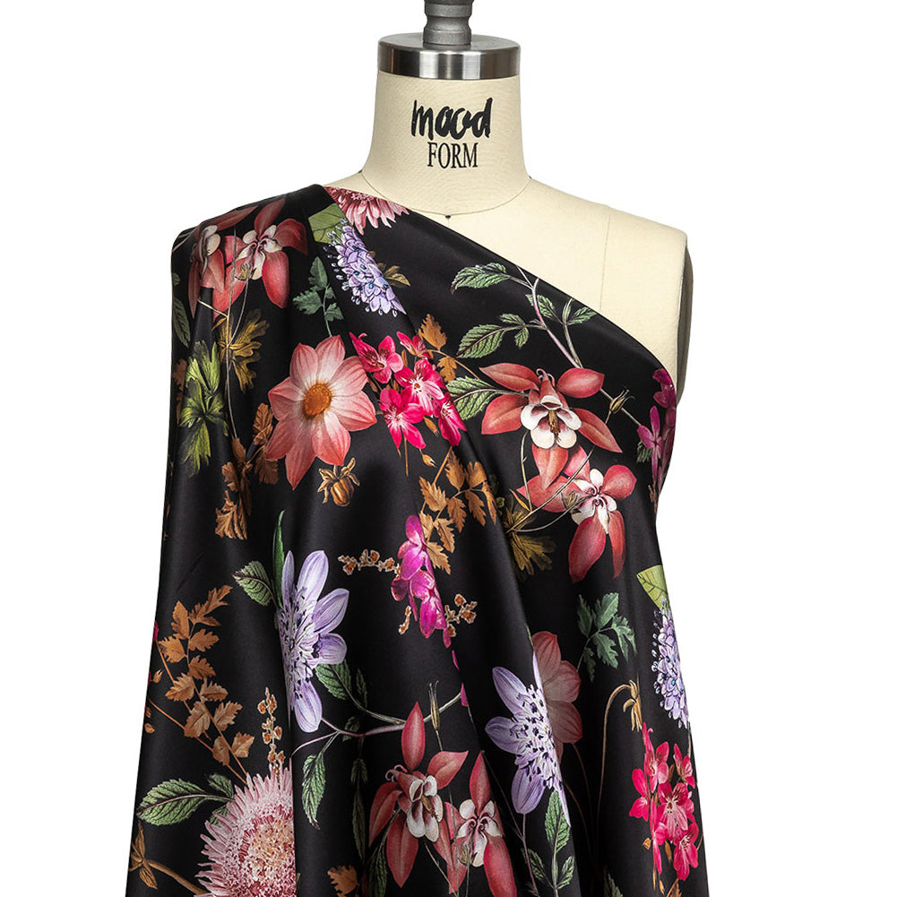 Mood Exclusive Italian Black, Pink and Green Floral Silk Charmeuse Mood Exclusive Italian Black, Pink and Green Floral Silk Charmeuse