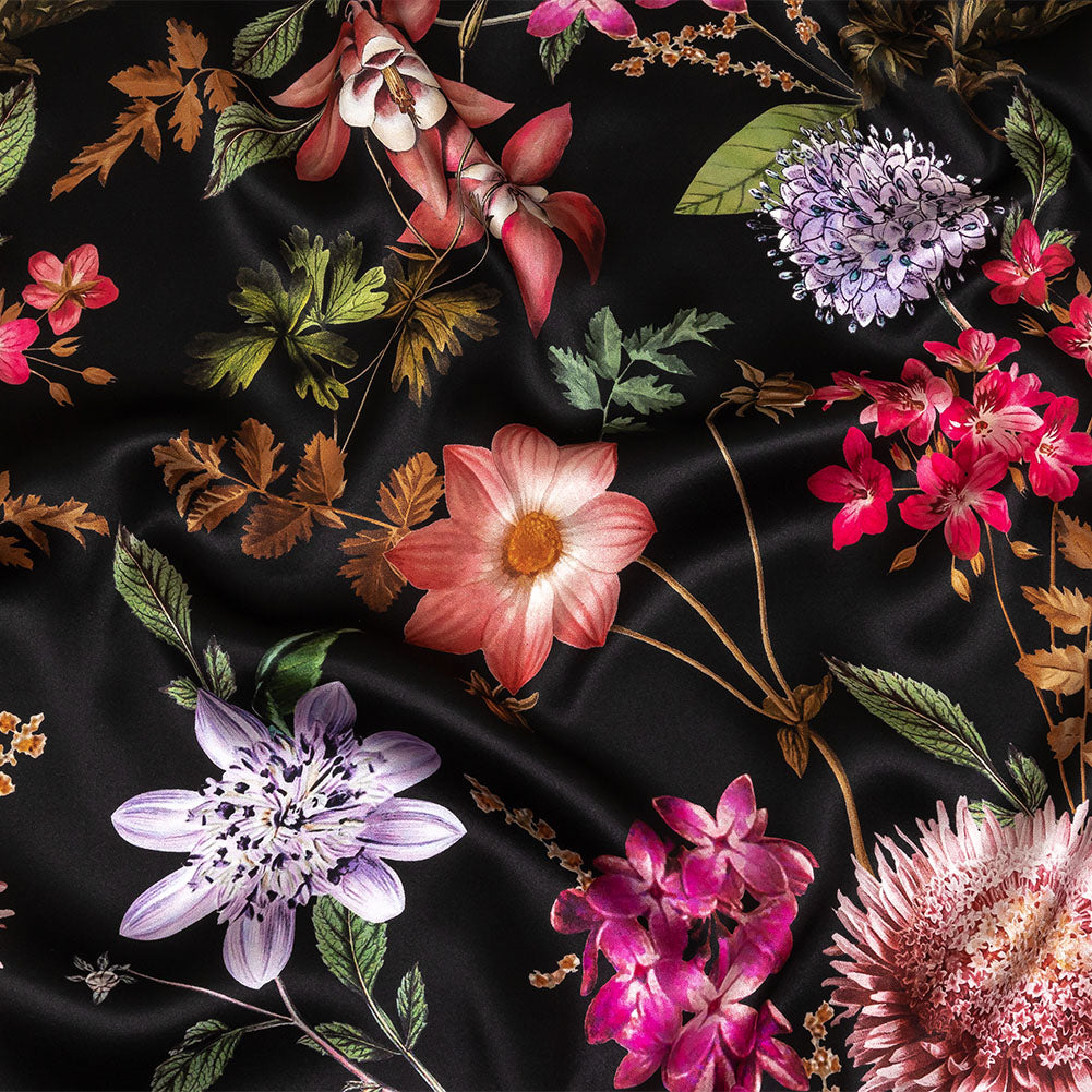 Mood Exclusive Italian Black, Pink and Green Floral Silk Charmeuse Mood Exclusive Italian Black, Pink and Green Floral Silk Charmeuse