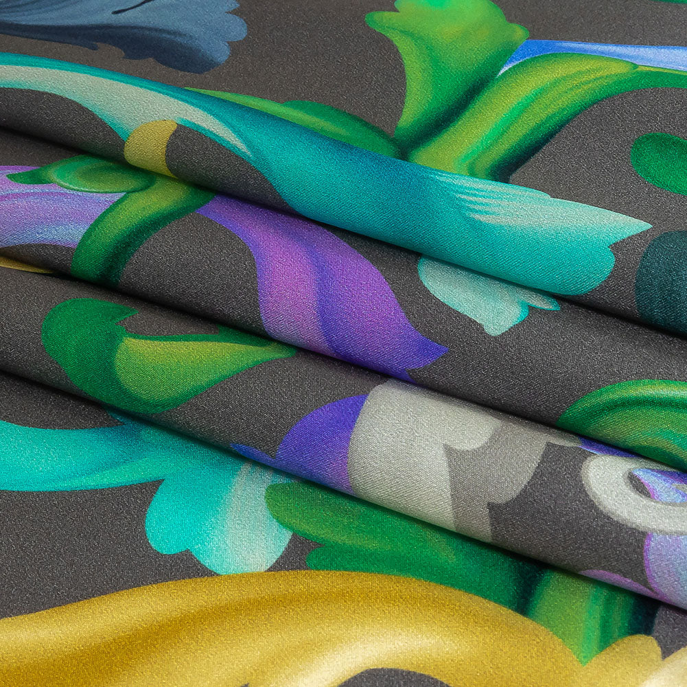 Mood Exclusive Italian Charcoal, Gold and Bougainvillea Ornate Swirls Silk Charmeuse - Folded Mood Exclusive Italian Charcoal, Gold and Bougainvillea Ornate Swirls Silk Charmeuse - Folded