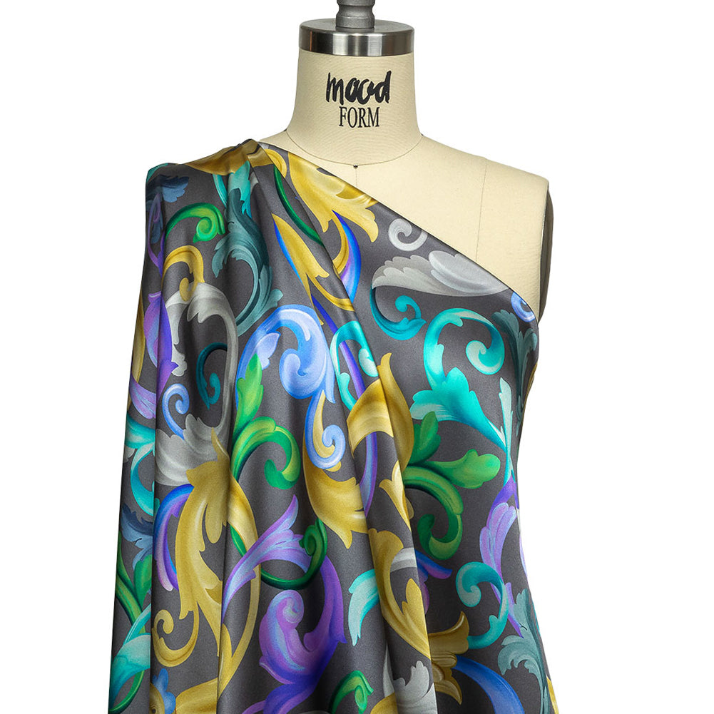 Mood Exclusive Italian Charcoal, Gold and Bougainvillea Ornate Swirls Silk Charmeuse - Drape Mood Exclusive Italian Charcoal, Gold and Bougainvillea Ornate Swirls Silk Charmeuse - Drape