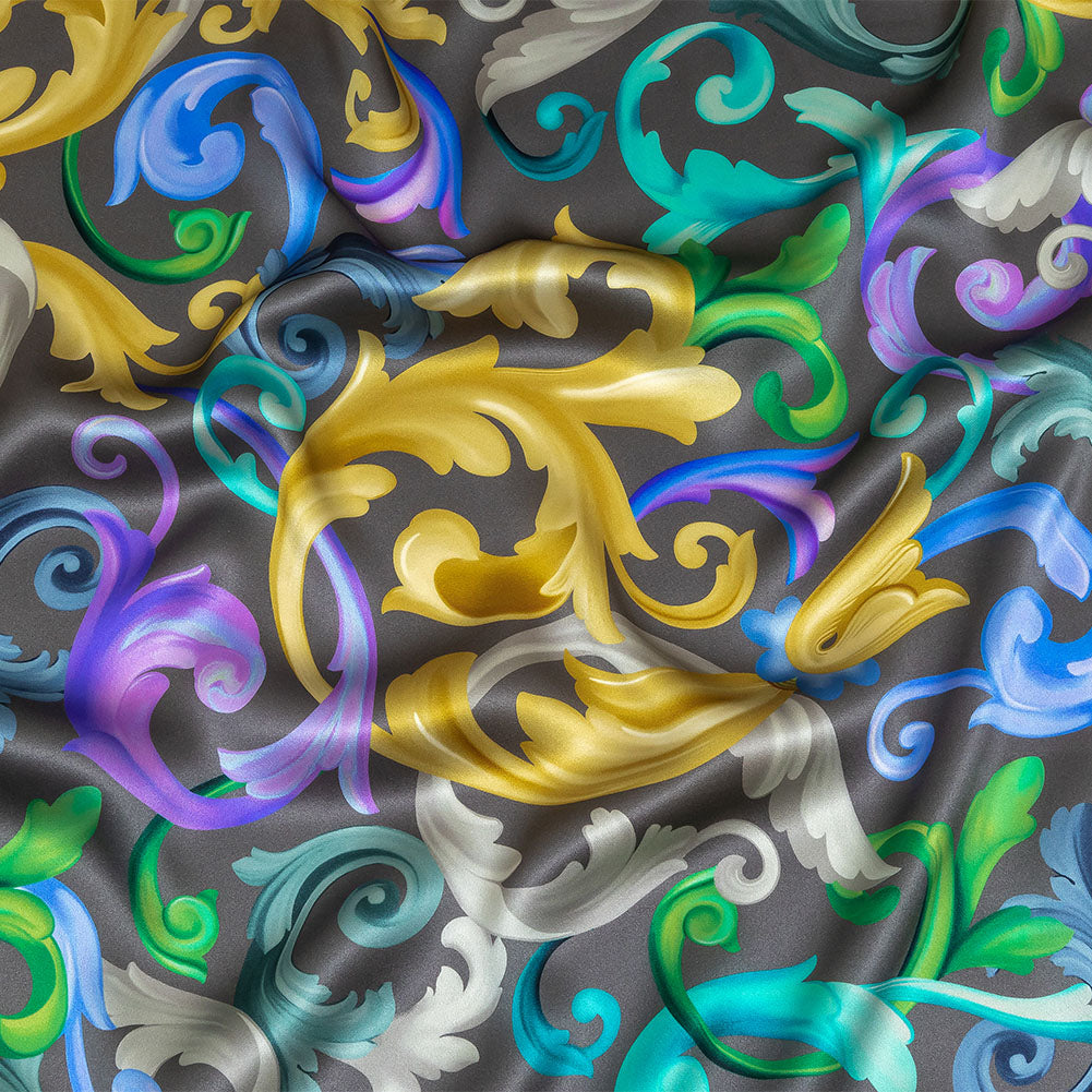 Mood Exclusive Italian Charcoal, Gold and Bougainvillea Ornate Swirls Silk Charmeuse Mood Exclusive Italian Charcoal, Gold and Bougainvillea Ornate Swirls Silk Charmeuse