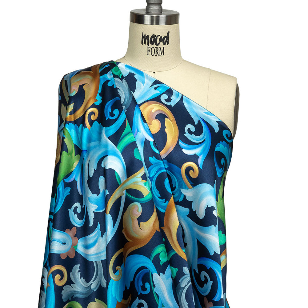 Mood Exclusive Italian Navy, Gold and Blue Ornate Swirls Silk Charmeuse Mood Exclusive Italian Navy, Gold and Blue Ornate Swirls Silk Charmeuse