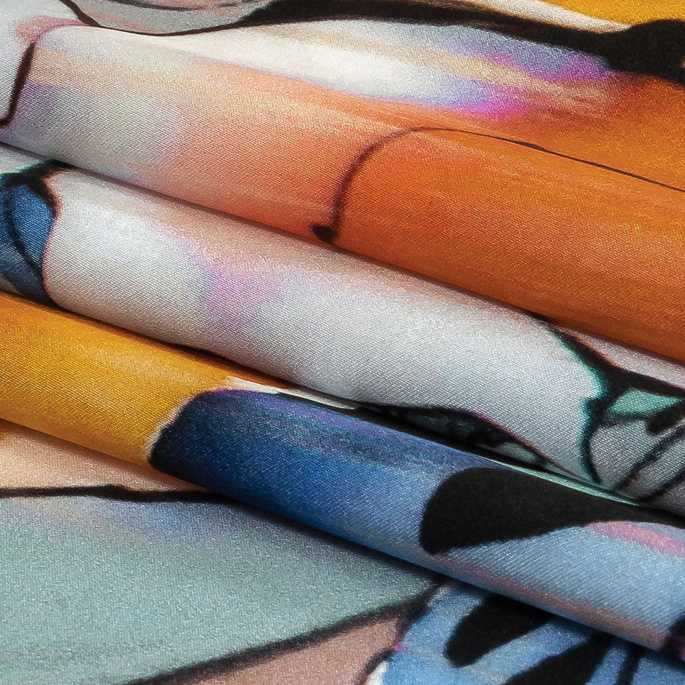 Mood Exclusive Italian Blue Gray, Harvest Pumpkin and Yellow Outlined Florals Silk Charmeuse Mood Exclusive Italian Blue Gray, Harvest Pumpkin and Yellow Outlined Florals Silk Charmeuse