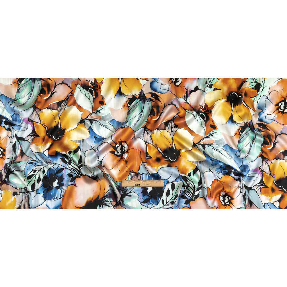 Mood Exclusive Italian Blue Gray, Harvest Pumpkin and Yellow Outlined Florals Silk Charmeuse Mood Exclusive Italian Blue Gray, Harvest Pumpkin and Yellow Outlined Florals Silk Charmeuse
