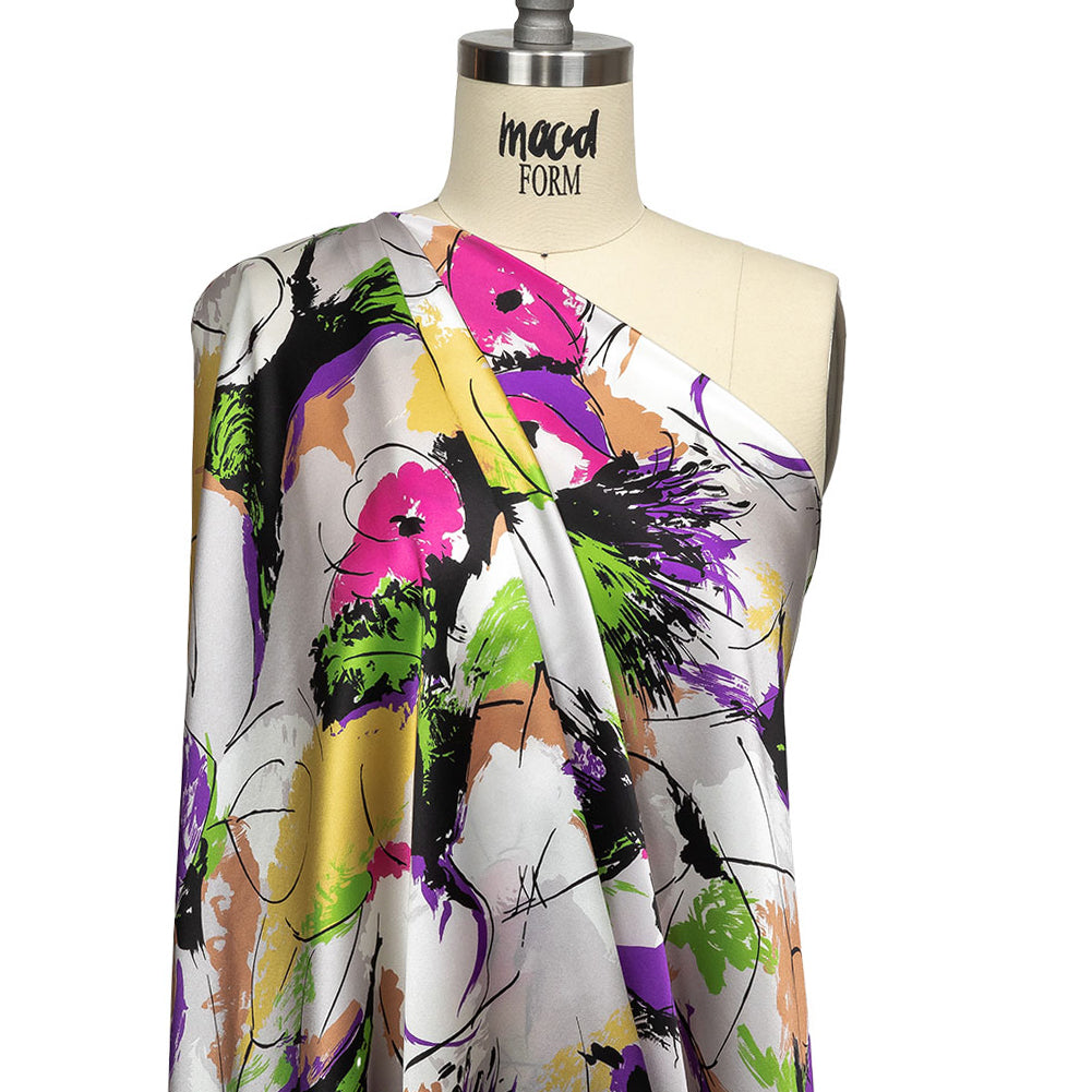Mood Exclusive Italian Yellow, Raspberry Rose and Beige Linework and Brushstrokes Abstract Silk Charmeuse Mood Exclusive Italian Yellow, Raspberry Rose and Beige Linework and Brushstrokes Abstract Silk Charmeuse