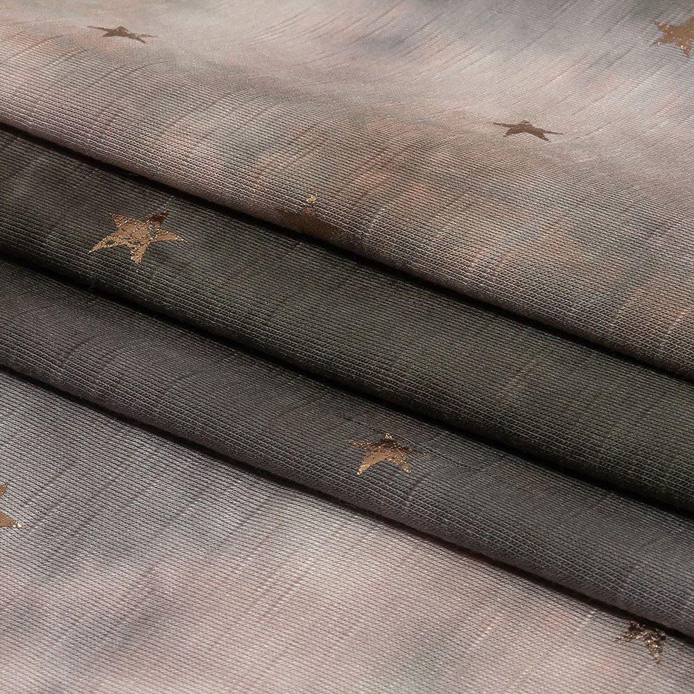 Pink, Olive and Metallic Gold Foiled Stars Slubbed Stretch Rayon Jersey Folded Pink, Olive and Metallic Gold Foiled Stars Slubbed Stretch Rayon Jersey Folded