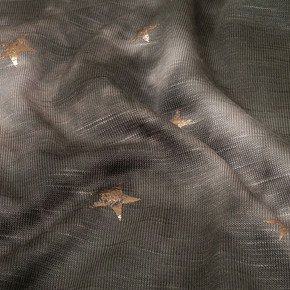 Pink, Olive and Metallic Gold Foiled Stars Slubbed Stretch Rayon Jersey Detail Pink, Olive and Metallic Gold Foiled Stars Slubbed Stretch Rayon Jersey Detail