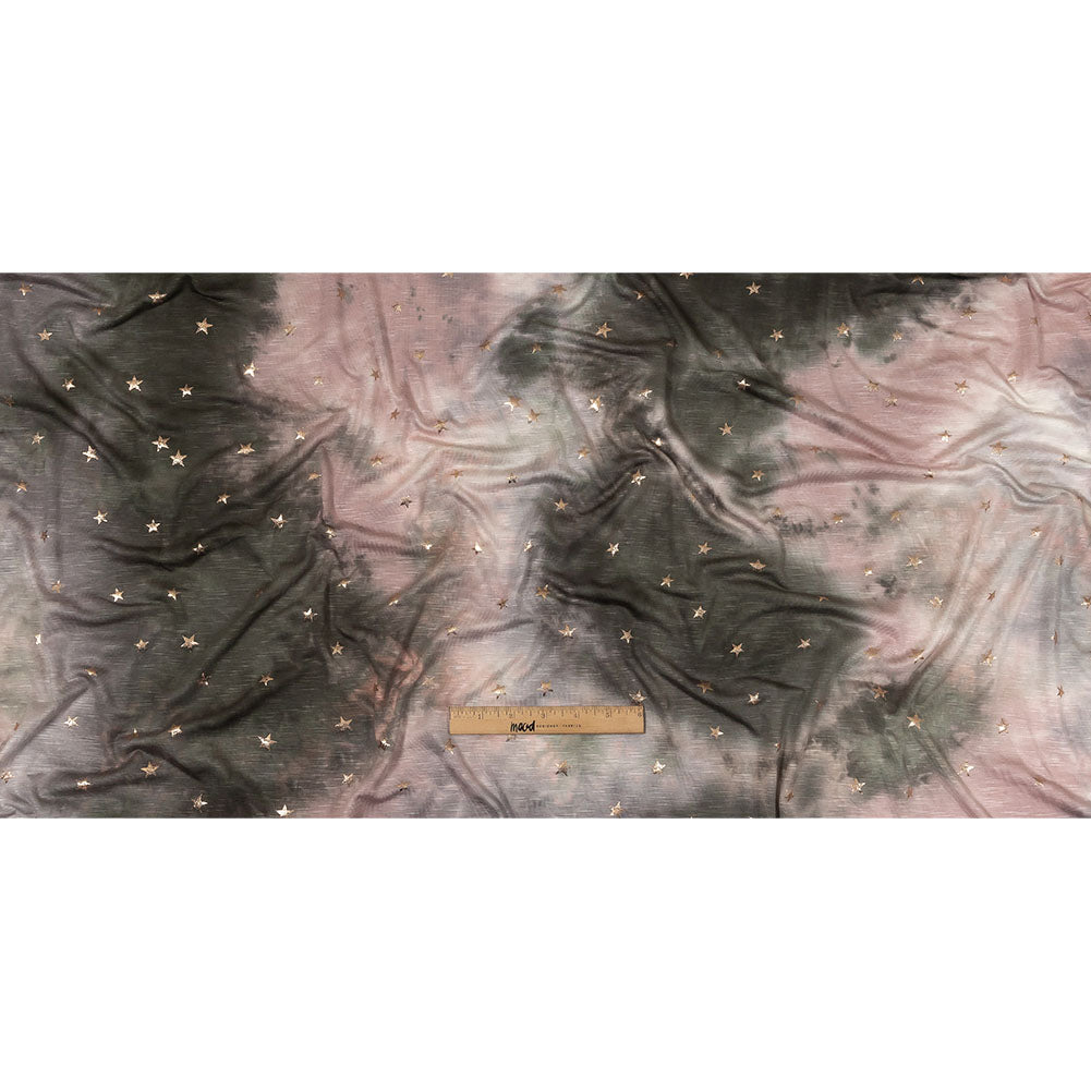 Pink, Olive and Metallic Gold Foiled Stars Slubbed Stretch Rayon Jersey Full Pink, Olive and Metallic Gold Foiled Stars Slubbed Stretch Rayon Jersey Full