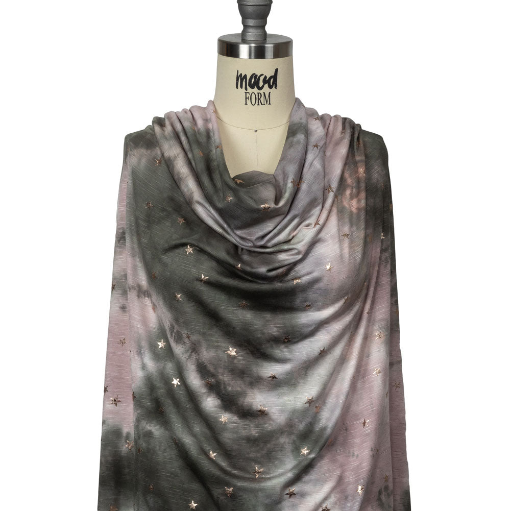 Pink, Olive and Metallic Gold Foiled Stars Slubbed Stretch Rayon Jersey Drape Pink, Olive and Metallic Gold Foiled Stars Slubbed Stretch Rayon Jersey Drape