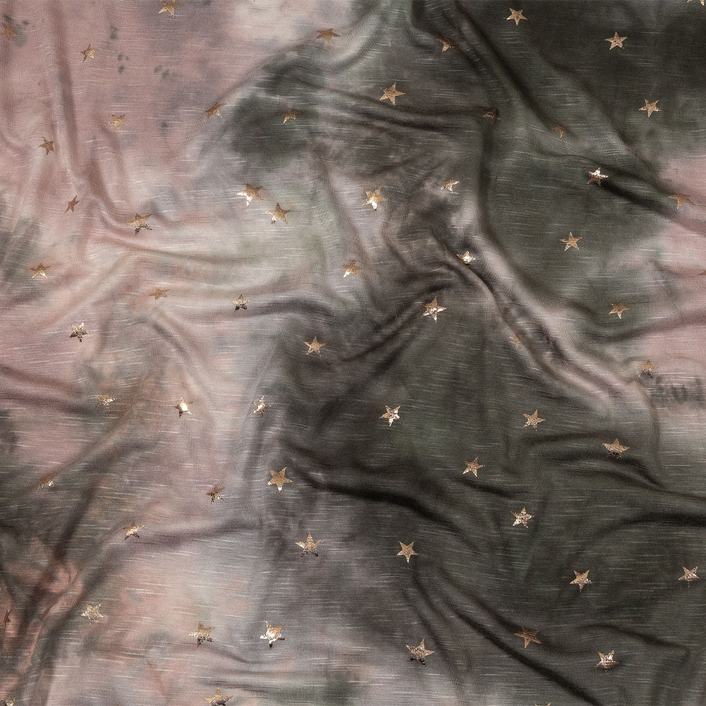 Pink, Olive and Metallic Gold Foiled Stars Slubbed Stretch Rayon Jersey Pink, Olive and Metallic Gold Foiled Stars Slubbed Stretch Rayon Jersey