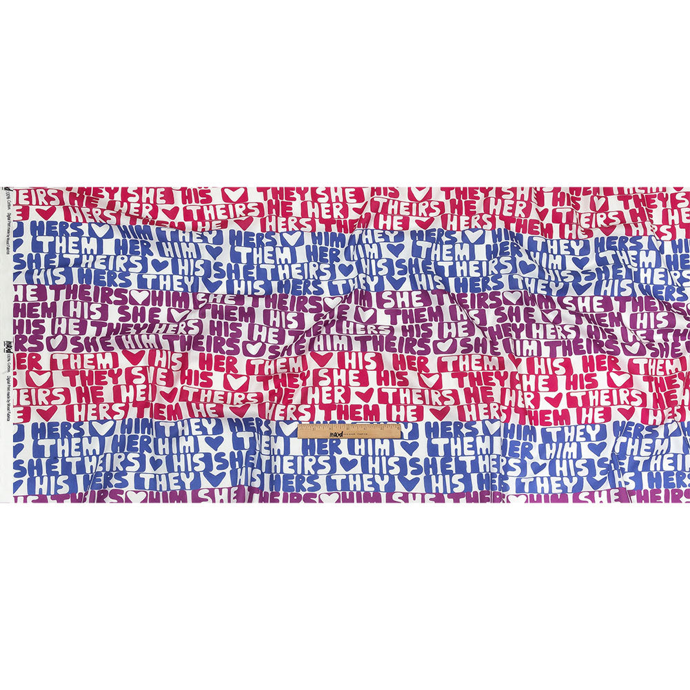 Mercerized Organic Egyptian Cotton Voile - Hot Pink, Blue and Purple Pronoun Stripes - More Than Words Print - Mood Exclusive Pride Collection Full Mercerized Organic Egyptian Cotton Voile - Hot Pink, Blue and Purple Pronoun Stripes - More Than Words Print - Mood Exclusive Pride Collection Full