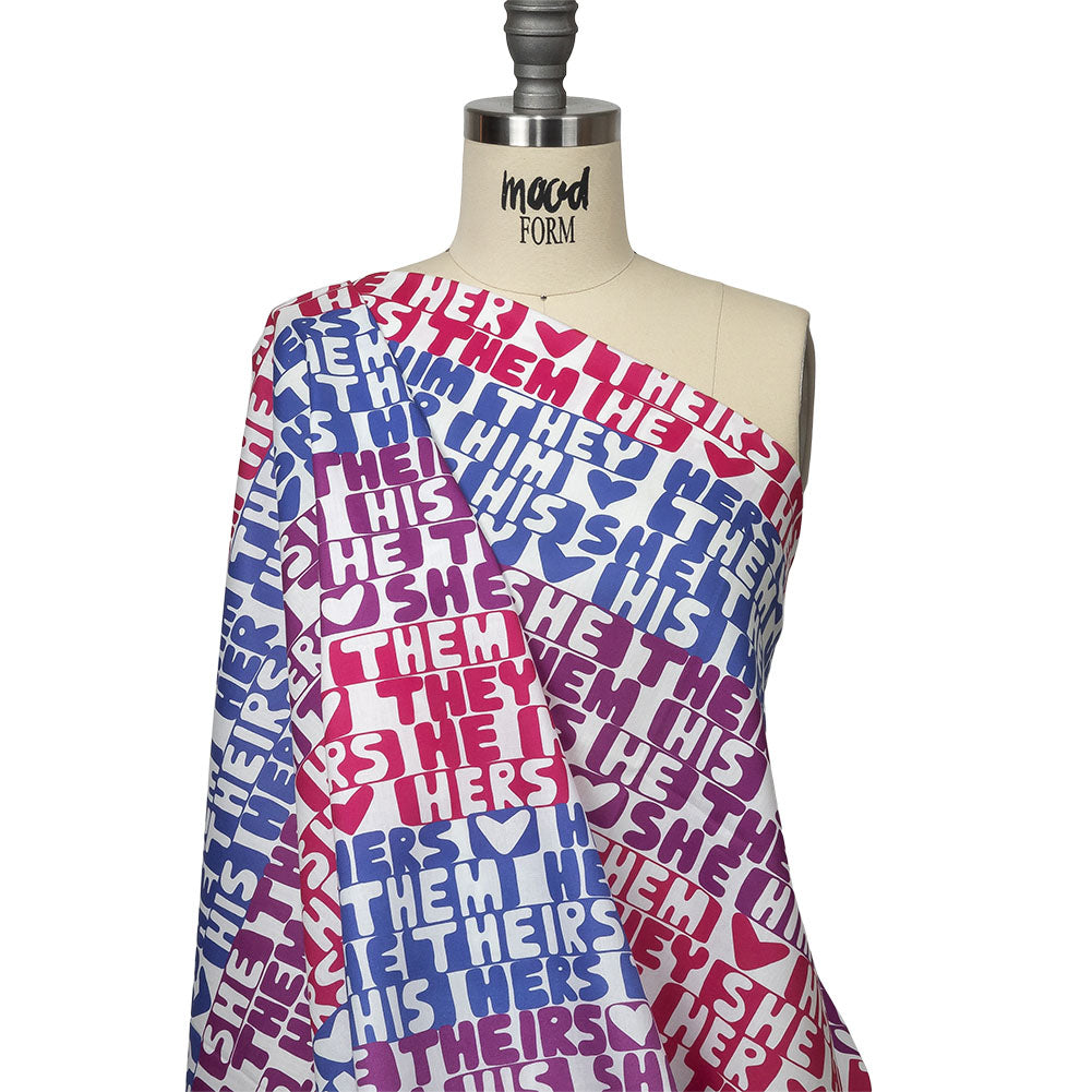 Mercerized Organic Egyptian Cotton Voile - Hot Pink, Blue and Purple Pronoun Stripes - More Than Words Print - Mood Exclusive Pride Collection Drape Mercerized Organic Egyptian Cotton Voile - Hot Pink, Blue and Purple Pronoun Stripes - More Than Words Print - Mood Exclusive Pride Collection Drape