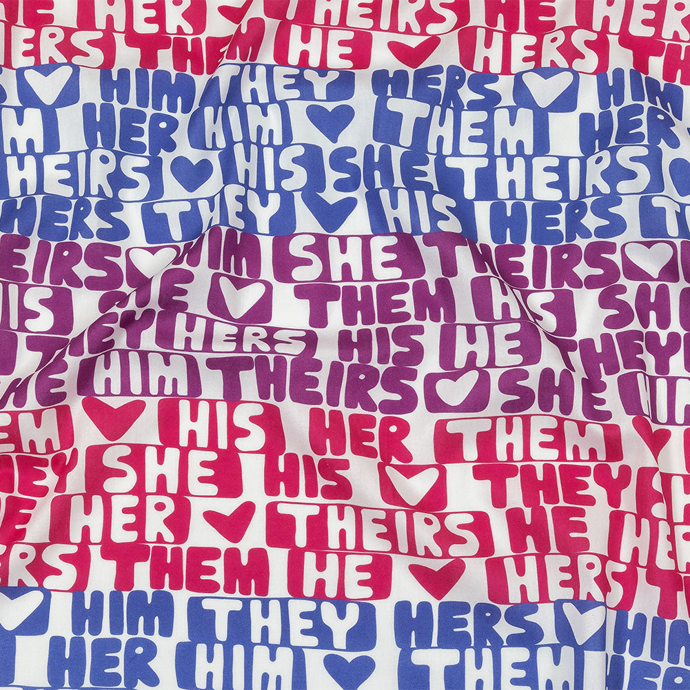Mercerized Organic Egyptian Cotton Voile - Hot Pink, Blue and Purple Pronoun Stripes - More Than Words Print - Mood Exclusive Pride Collection Mercerized Organic Egyptian Cotton Voile - Hot Pink, Blue and Purple Pronoun Stripes - More Than Words Print - Mood Exclusive Pride Collection