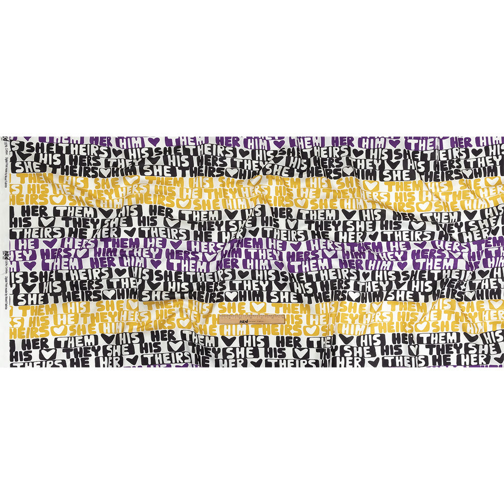 Mercerized Organic Egyptian Cotton Voile - Black, Purple and Yellow Pronoun Stripes - More Than Words Print - Mood Exclusive Pride Collection Full Mercerized Organic Egyptian Cotton Voile - Black, Purple and Yellow Pronoun Stripes - More Than Words Print - Mood Exclusive Pride Collection Full