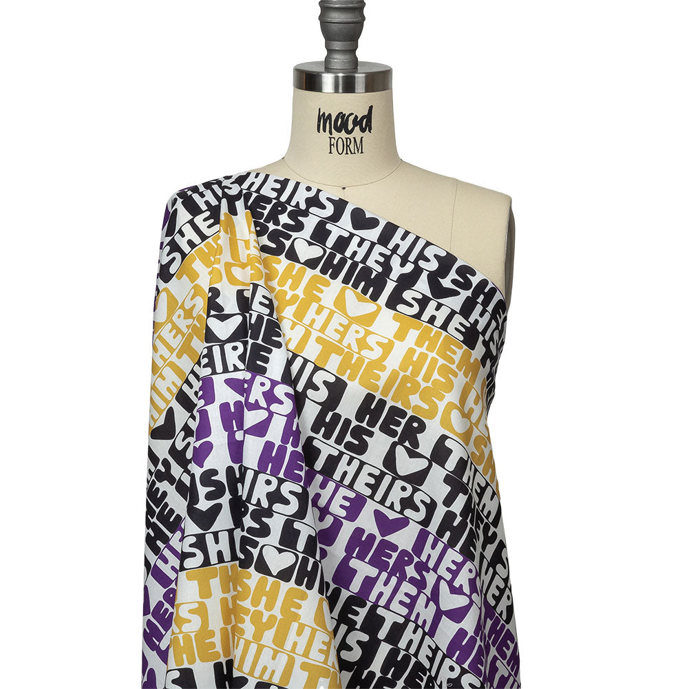 Mercerized Organic Egyptian Cotton Voile - Black, Purple and Yellow Pronoun Stripes - More Than Words Print - Mood Exclusive Pride Collection Drape Mercerized Organic Egyptian Cotton Voile - Black, Purple and Yellow Pronoun Stripes - More Than Words Print - Mood Exclusive Pride Collection Drape