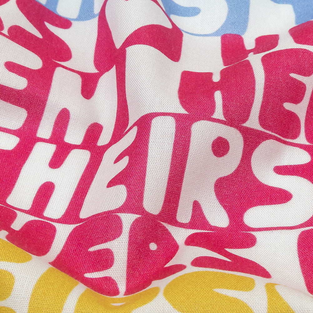 Mercerized Organic Egyptian Cotton Voile - Pink, Yellow and Blue Pronoun Stripes - More Than Words Print - Mood Exclusive Pride Collection Detail Mercerized Organic Egyptian Cotton Voile - Pink, Yellow and Blue Pronoun Stripes - More Than Words Print - Mood Exclusive Pride Collection Detail