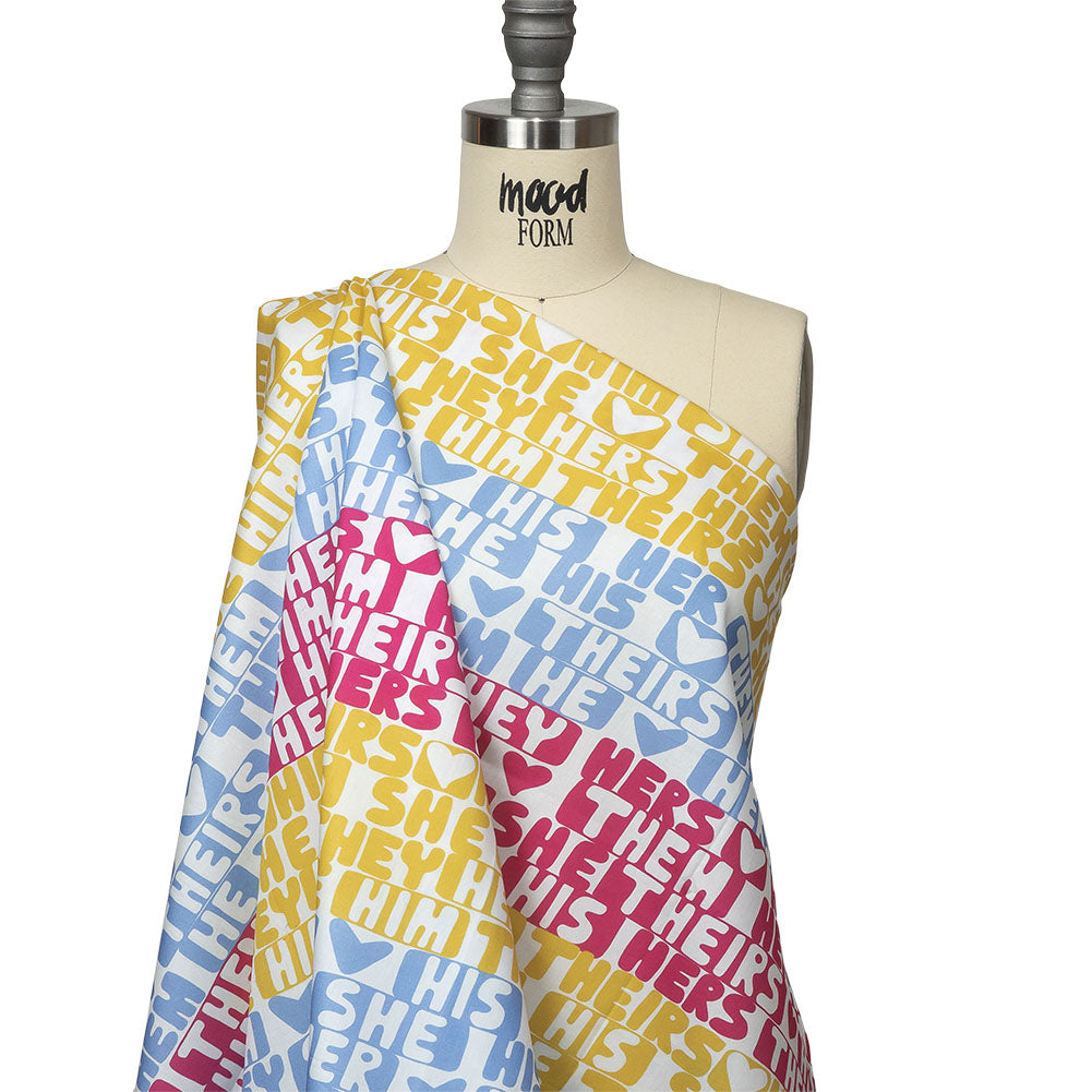 Mercerized Organic Egyptian Cotton Voile - Pink, Yellow and Blue Pronoun Stripes - More Than Words Print - Mood Exclusive Pride Collection Drape Mercerized Organic Egyptian Cotton Voile - Pink, Yellow and Blue Pronoun Stripes - More Than Words Print - Mood Exclusive Pride Collection Drape