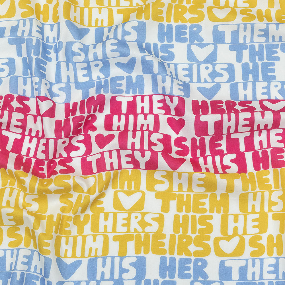 Mercerized Organic Egyptian Cotton Voile - Pink, Yellow and Blue Pronoun Stripes - More Than Words Print - Mood Exclusive Pride Collection Mercerized Organic Egyptian Cotton Voile - Pink, Yellow and Blue Pronoun Stripes - More Than Words Print - Mood Exclusive Pride Collection