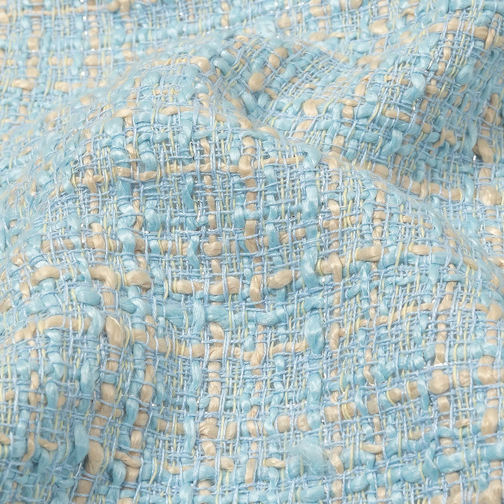 Sky Blue, Oyster White and Metallic Silver Polyester Tweed Detail Sky Blue, Oyster White and Metallic Silver Polyester Tweed Detail