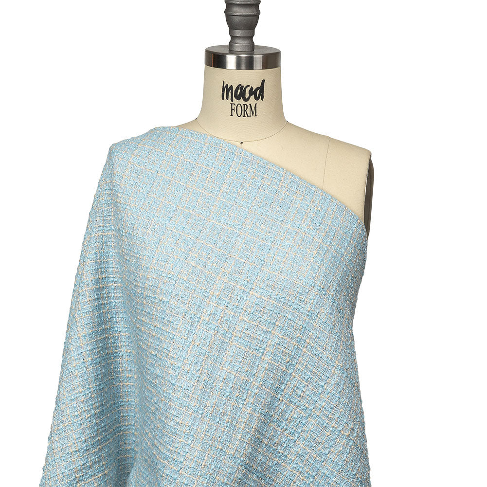 Sky Blue, Oyster White and Metallic Silver Polyester Tweed Drape Sky Blue, Oyster White and Metallic Silver Polyester Tweed Drape