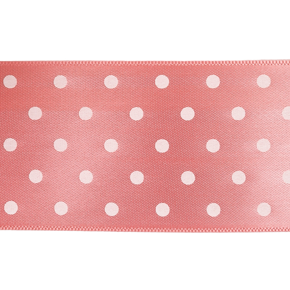 Flamingo and White Polka Dot Satin Ribbon - 1.5" Detail Flamingo and White Polka Dot Satin Ribbon - 1.5" Detail