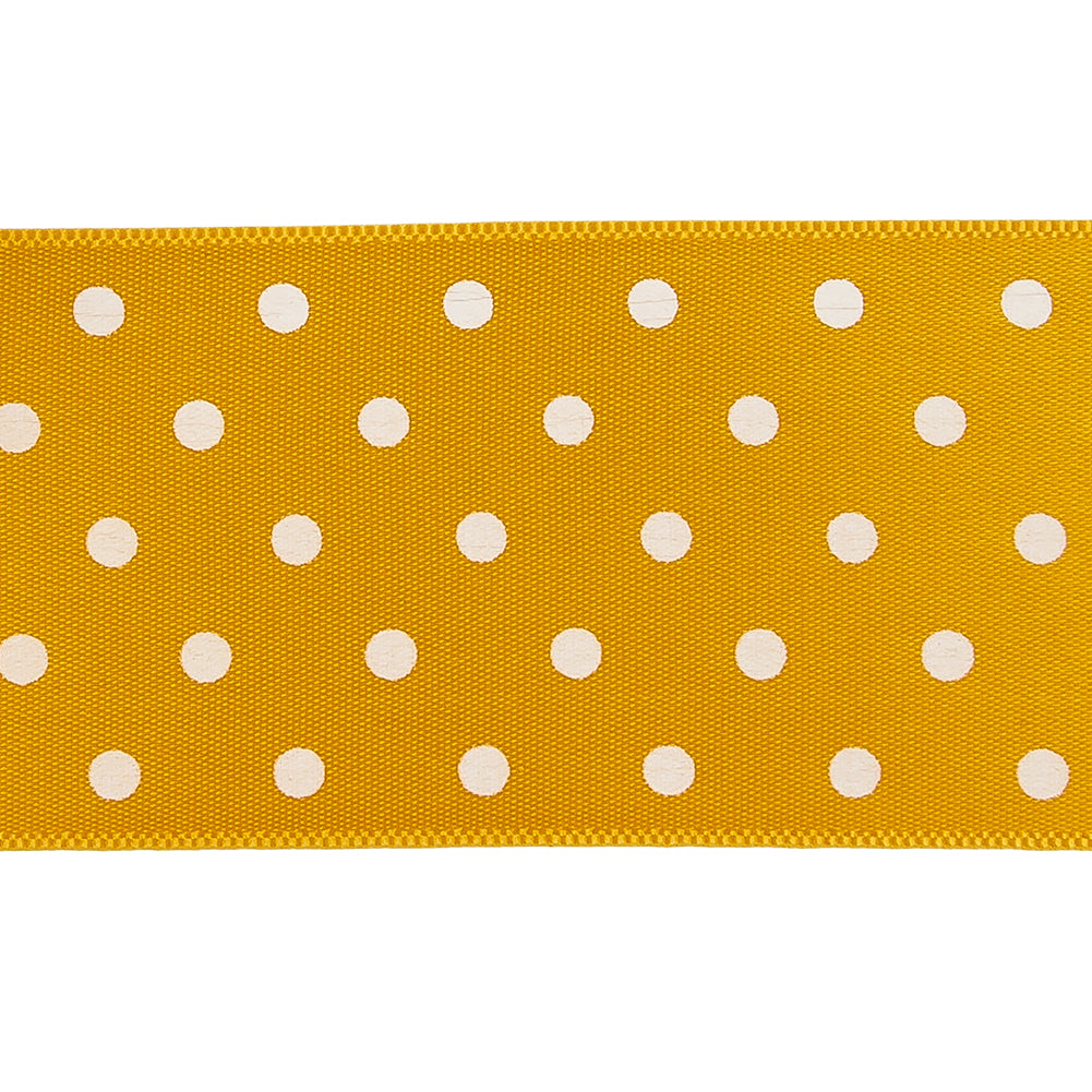 Golden Yellow and White Polka Dot Satin Ribbon - 1.5" Detail Golden Yellow and White Polka Dot Satin Ribbon - 1.5" Detail