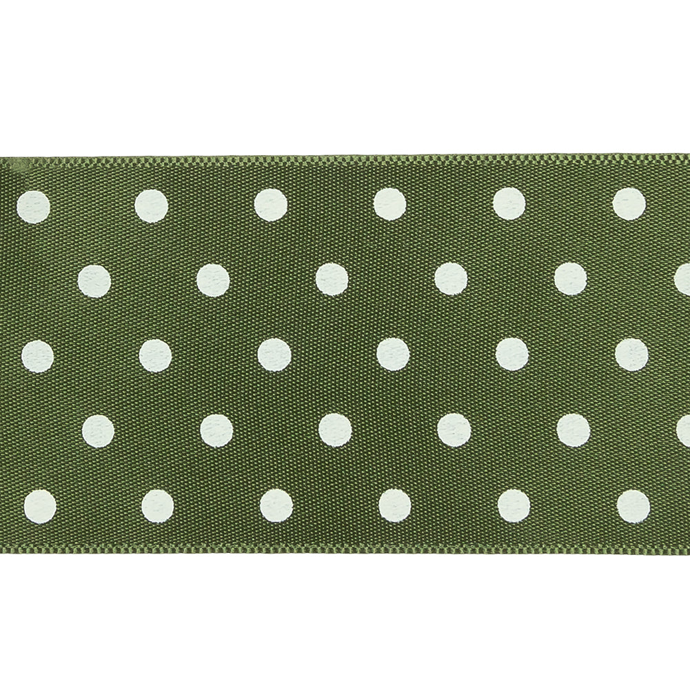 Moss and White Polka Dot Satin Ribbon - 1.5" Detail Moss and White Polka Dot Satin Ribbon - 1.5" Detail