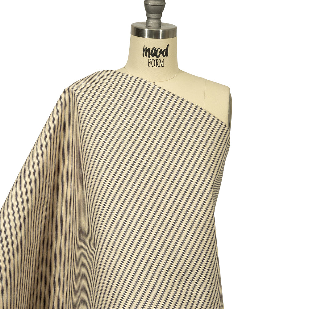 Natural and Blue Bonded Ticking Stripe Twill and Speckled Cotton Twill Drape Natural and Blue Bonded Ticking Stripe Twill and Speckled Cotton Twill Drape