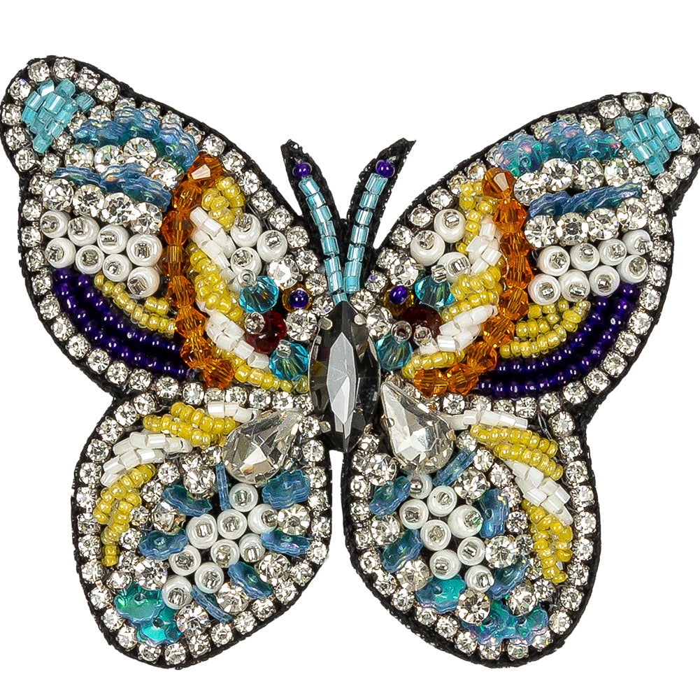 Blue Radiance, Bright Marigold and Vibrant Yellow Butterfly Rhinestone and Glass Beaded Applique - 2.375" X 2.75" Detail Blue Radiance, Bright Marigold and Vibrant Yellow Butterfly Rhinestone and Glass Beaded Applique - 2.375" X 2.75" Detail