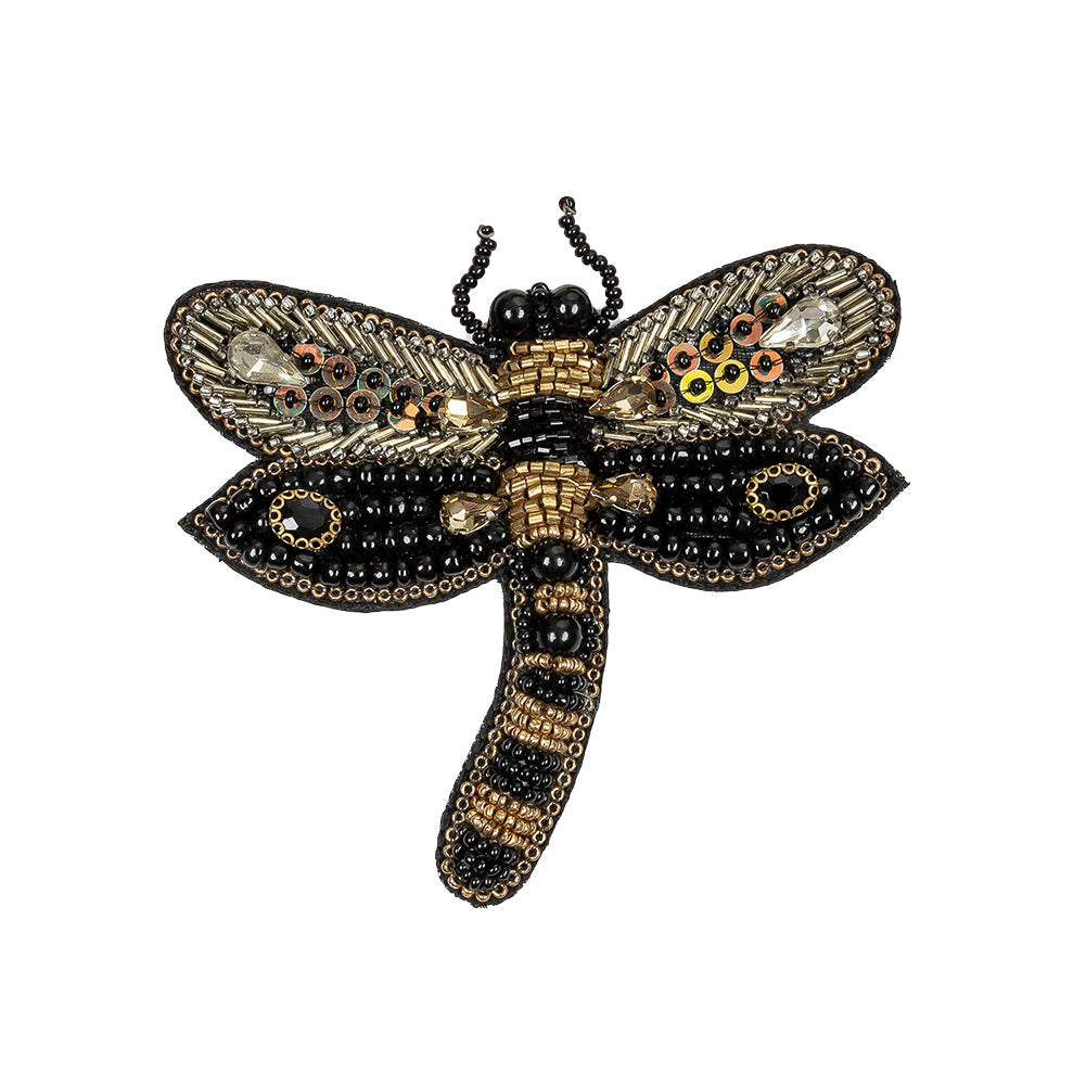 Black and Gold Dragonfly Rhinestone and Glass Beaded Applique - 3.375" X 3.5" Black and Gold Dragonfly Rhinestone and Glass Beaded Applique - 3.375" X 3.5"