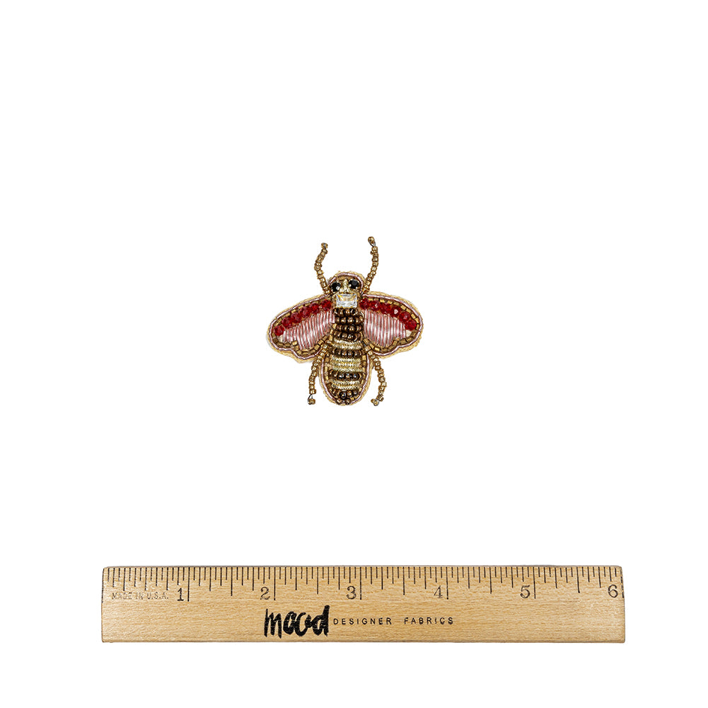 Gold and Prism Pink Bee Rhinestone and Glass Beaded Applique - 2" X 1.875" Full Gold and Prism Pink Bee Rhinestone and Glass Beaded Applique - 2" X 1.875" Full