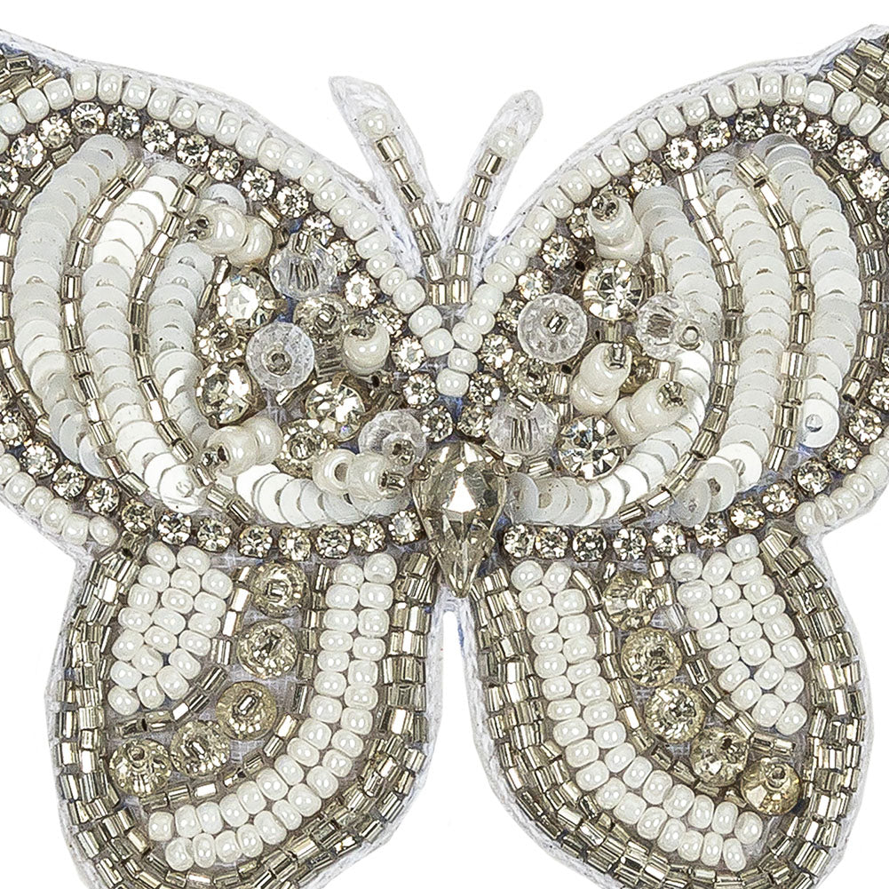 Silver and White Butterfly Rhinestone and Glass Beaded Applique - 2.375" X 2.75" Detail Silver and White Butterfly Rhinestone and Glass Beaded Applique - 2.375" X 2.75" Detail