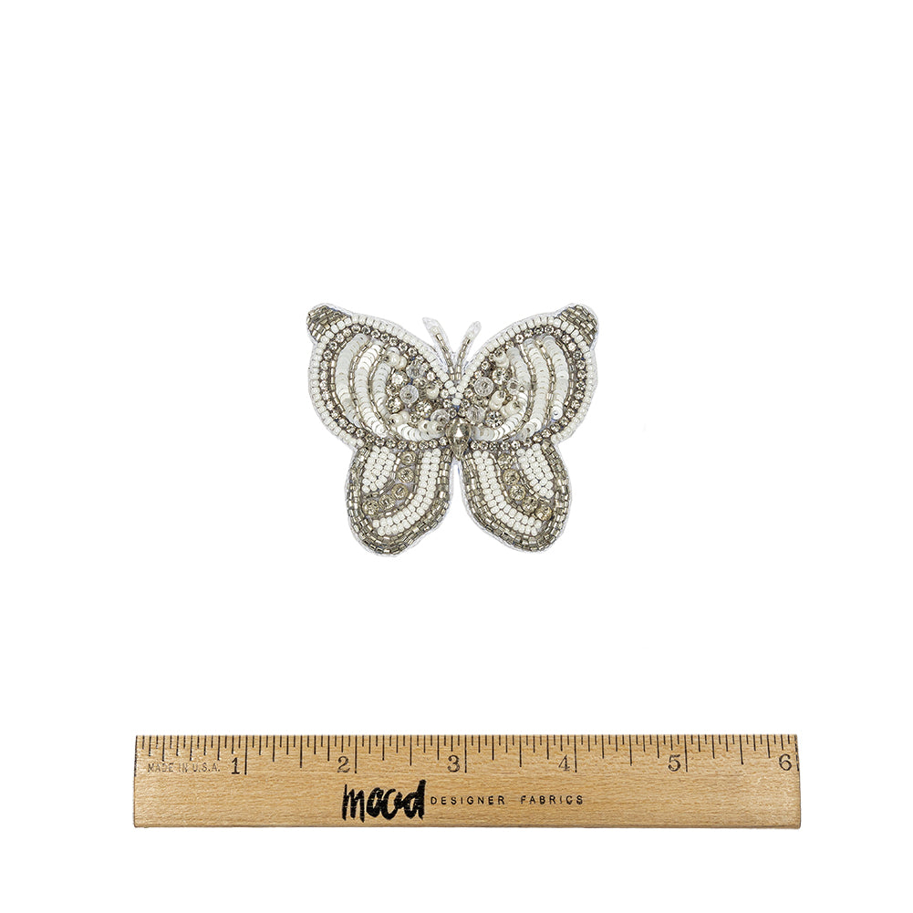 Silver and White Butterfly Rhinestone and Glass Beaded Applique - 2.375" X 2.75" Full Silver and White Butterfly Rhinestone and Glass Beaded Applique - 2.375" X 2.75" Full