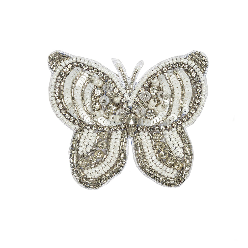 Silver and White Butterfly Rhinestone and Glass Beaded Applique - 2.375" X 2.75" Silver and White Butterfly Rhinestone and Glass Beaded Applique - 2.375" X 2.75"