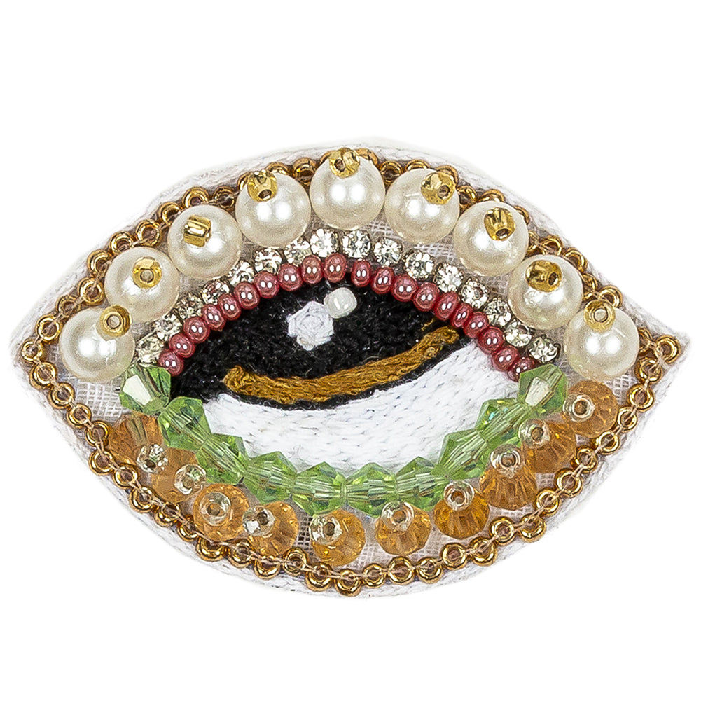 Summer Green, Kumquat and White Pearl Eye Beaded and Embroidered Applique - 1.375" X 2.25" Detail Summer Green, Kumquat and White Pearl Eye Beaded and Embroidered Applique - 1.375" X 2.25" Detail