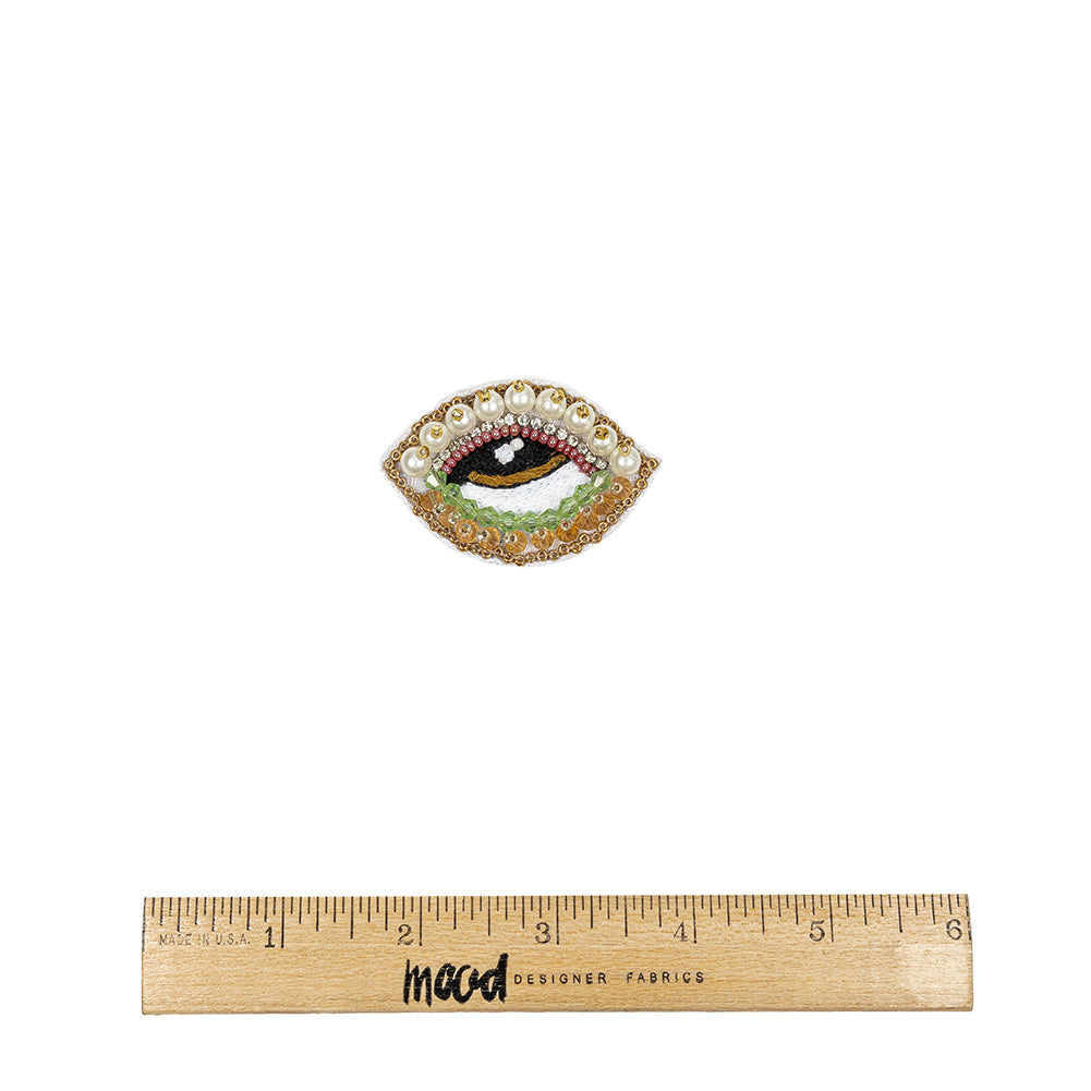 Summer Green, Kumquat and White Pearl Eye Beaded and Embroidered Applique - 1.375" X 2.25" Full Summer Green, Kumquat and White Pearl Eye Beaded and Embroidered Applique - 1.375" X 2.25" Full