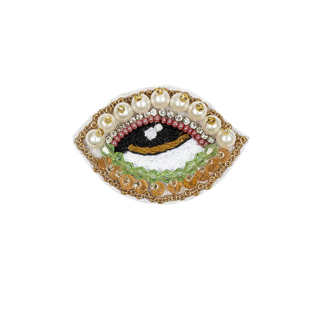 Summer Green, Kumquat and White Pearl Eye Beaded and Embroidered Applique - 1.375" X 2.25" Summer Green, Kumquat and White Pearl Eye Beaded and Embroidered Applique - 1.375" X 2.25"