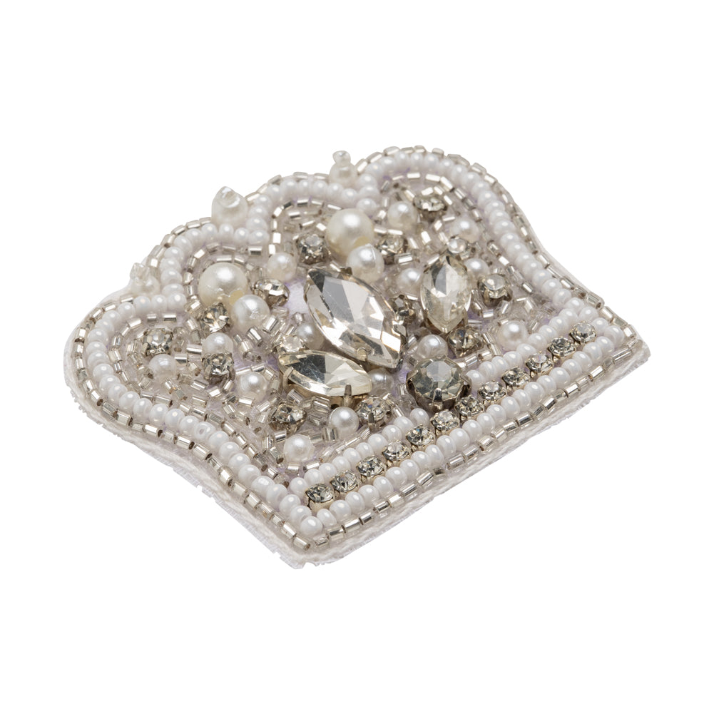 White and Silver Pearled Crown Rhinestone and Glass Beaded Applique - 1.625" X 2" Folded White and Silver Pearled Crown Rhinestone and Glass Beaded Applique - 1.625" X 2" Folded