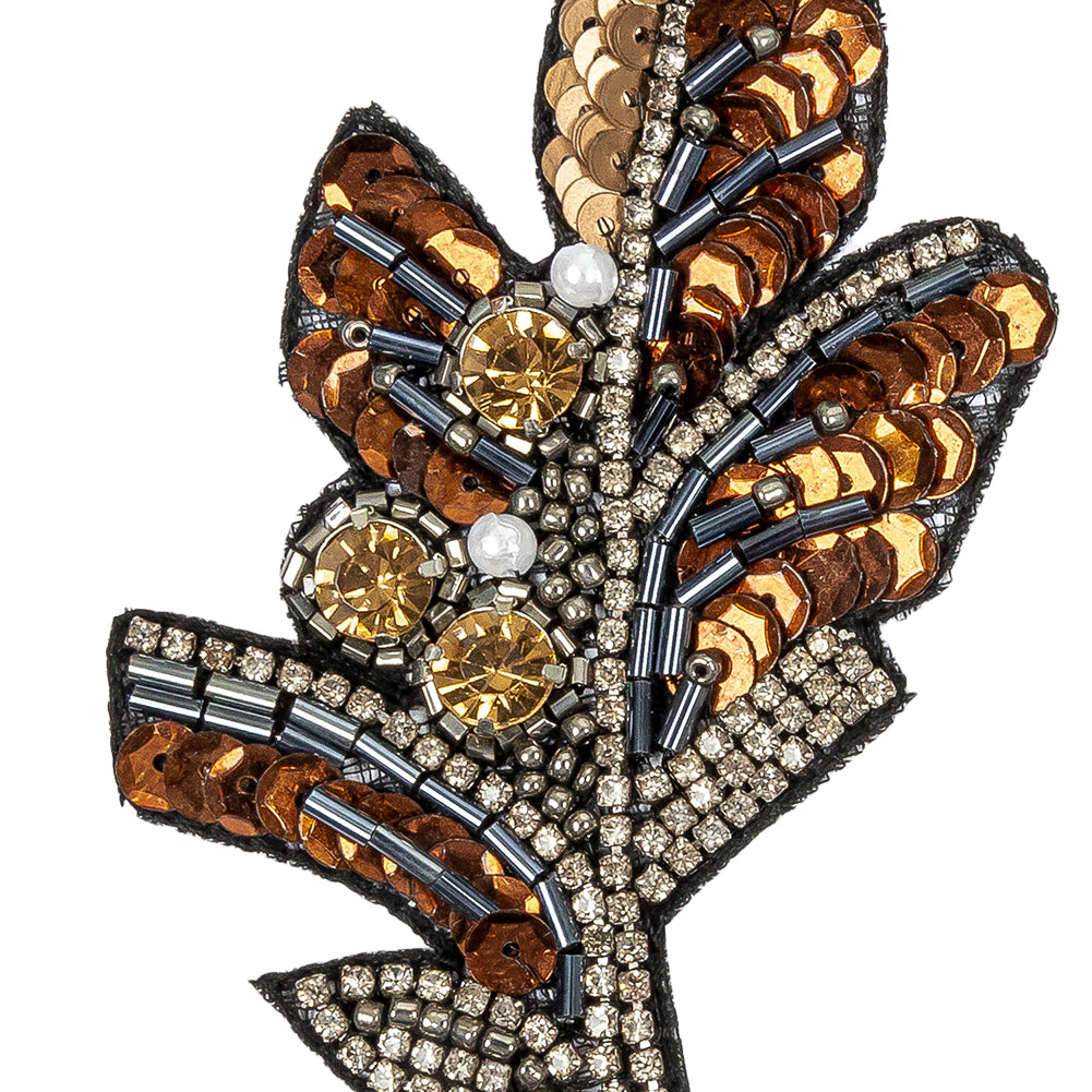 Copper and Gunmetal Leaf Rhinestone and Glass Beaded Applique - 4.5" X 2.5" Detail Copper and Gunmetal Leaf Rhinestone and Glass Beaded Applique - 4.5" X 2.5" Detail