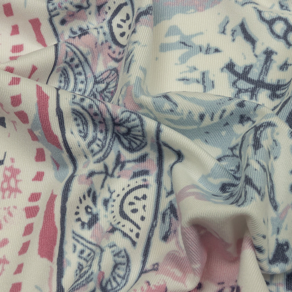 Blue Gray, Pink and White Abstract Patchwork Stretch Polyester ITY Jersey Panel Detail Blue Gray, Pink and White Abstract Patchwork Stretch Polyester ITY Jersey Panel Detail