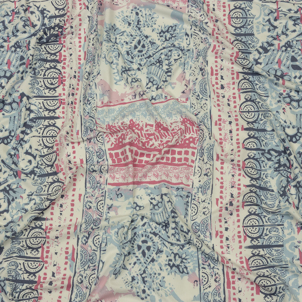 Blue Gray, Pink and White Abstract Patchwork Stretch Polyester ITY Jersey Panel Blue Gray, Pink and White Abstract Patchwork Stretch Polyester ITY Jersey Panel