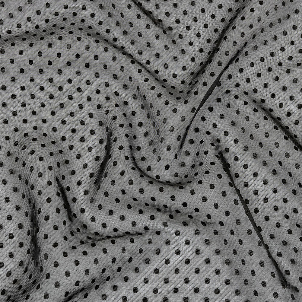 Famous Australian Designer Black Onyx Embroidered Dots and Diagonal Stripes Polyester and Viscose Chiffon Famous Australian Designer Black Onyx Embroidered Dots and Diagonal Stripes Polyester and Viscose Chiffon