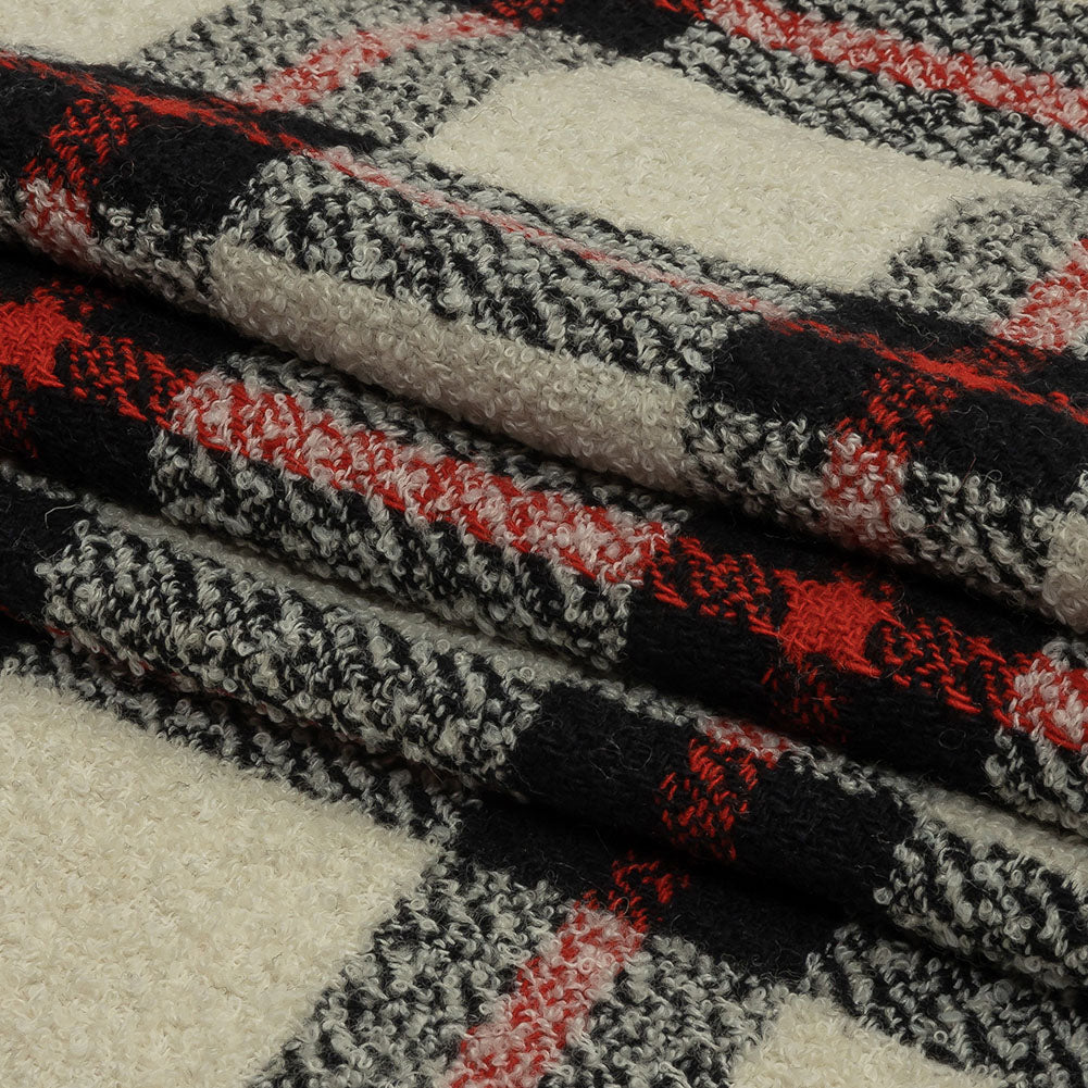 Famous Designer Cream, Black and Red Plaid Blended Wool Boucle Coating Famous Designer Cream, Black and Red Plaid Blended Wool Boucle Coating