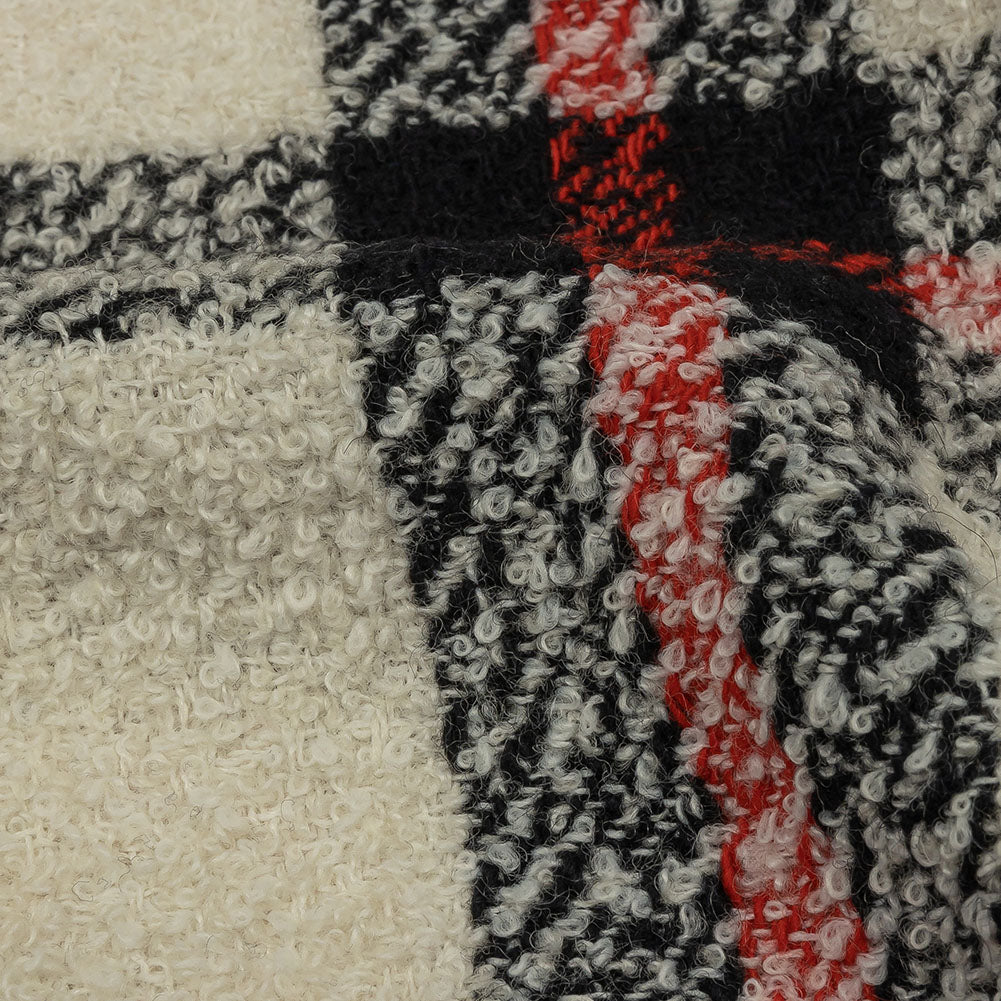 Famous Designer Cream, Black and Red Plaid Blended Wool Boucle Coating Famous Designer Cream, Black and Red Plaid Blended Wool Boucle Coating