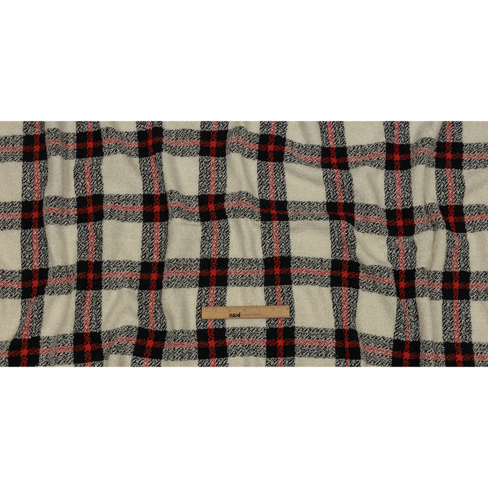 Famous Designer Cream, Black and Red Plaid Blended Wool Boucle Coating Famous Designer Cream, Black and Red Plaid Blended Wool Boucle Coating